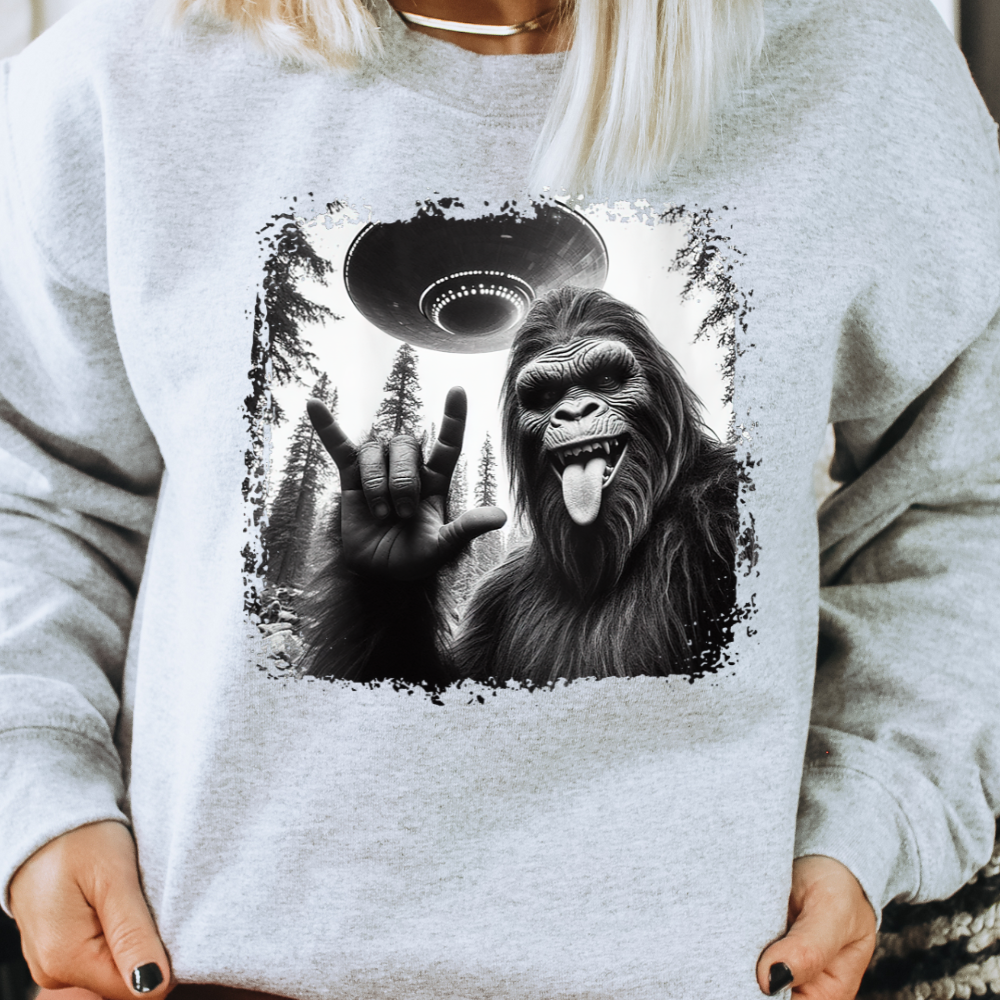 Bigfoot and UFO Adult Graphic Crewneck Pullover