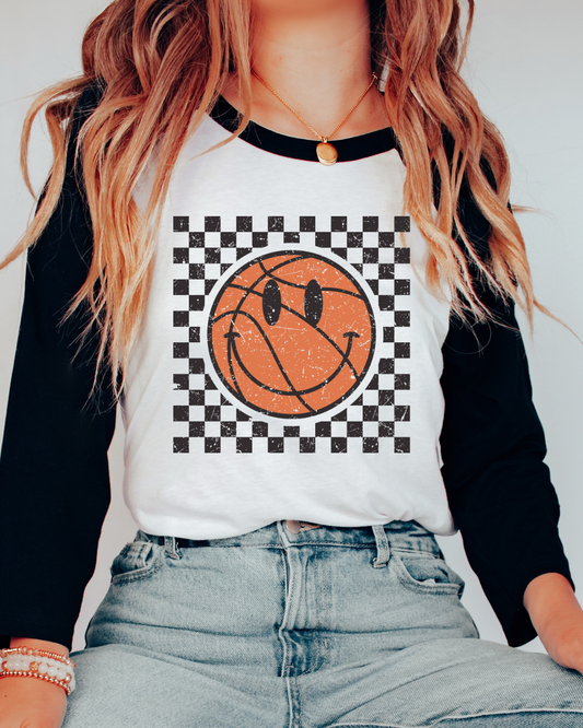 Checkered Distressed Basketball Three Quarter Sleeve Toddler Tee