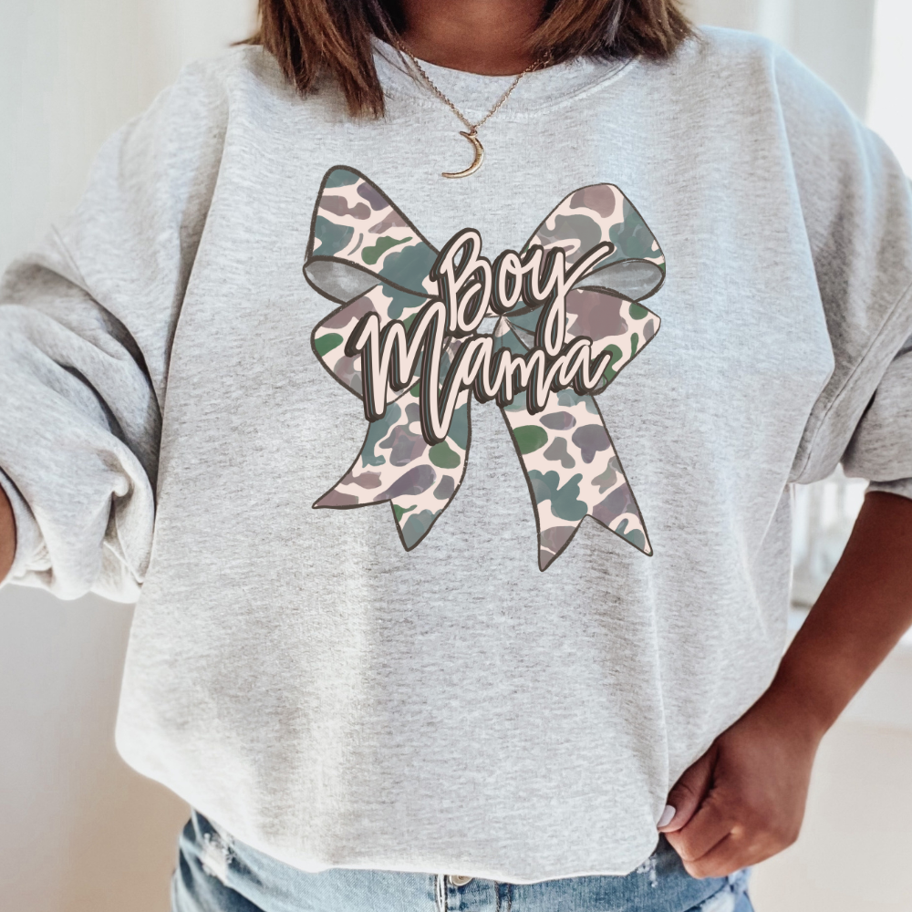 Boy Mama Camo Bow Adult Graphic Crewneck Pullover