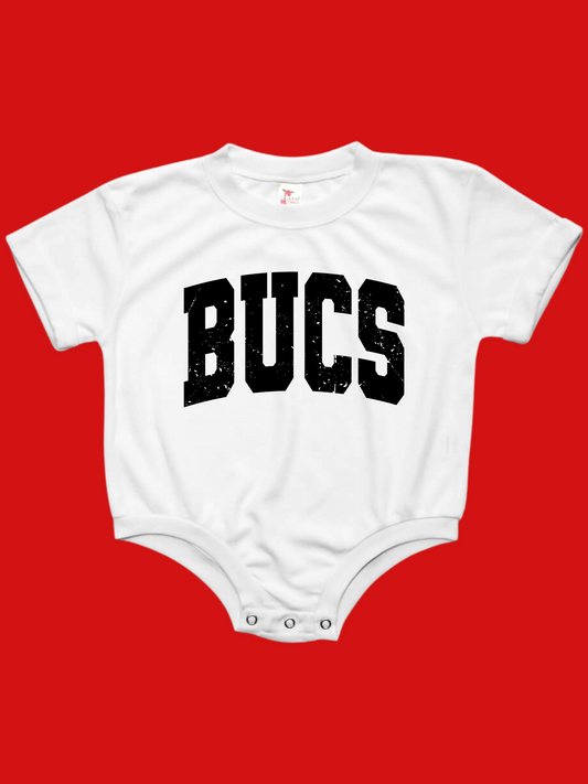 Bucs Varsity Distressed Baby Bubble Tee Shirt Romper