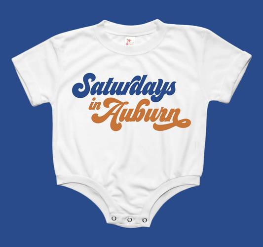 Saturday's In Auburn Bubble Letters Baby Bubble Tee Shirt Romper