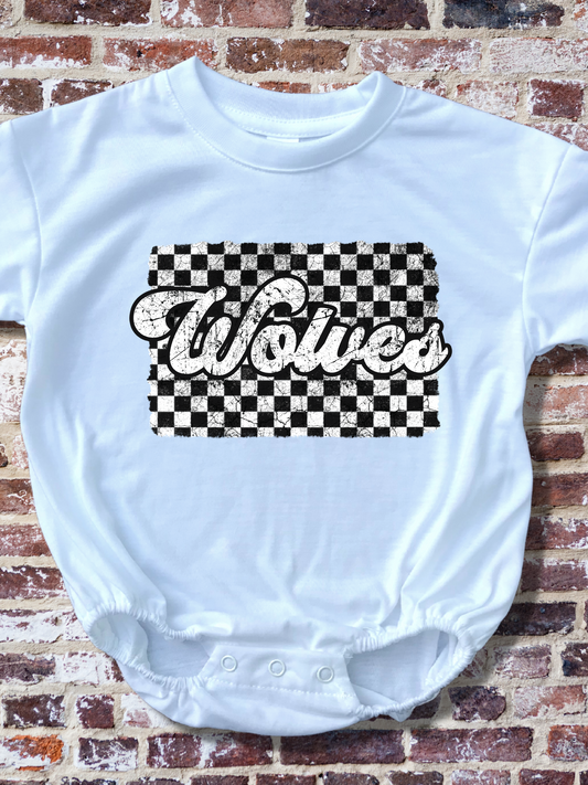 Retro Wolves Checkered Baby Bubble Romper