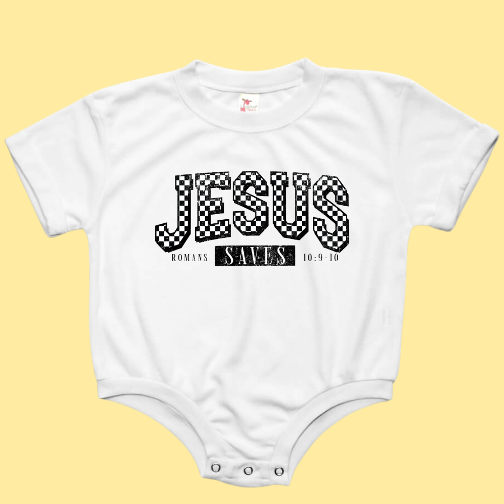 Jesus Saves Checkered Christian Baby Bubble Romper