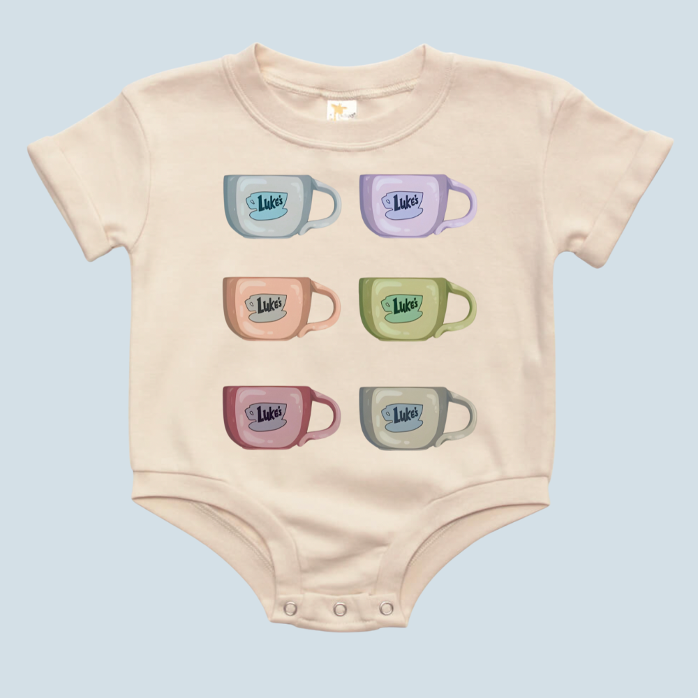 Luke's Colorful Coffee Cups Gilmore Girls  Bubble Romper