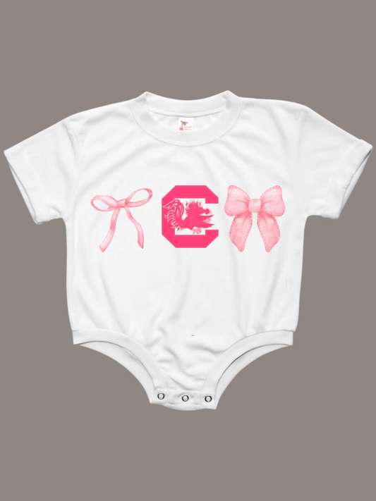 South Carolina Gamecock Bows Pink Baby Bubble Tee Shirt Romper (Pink)