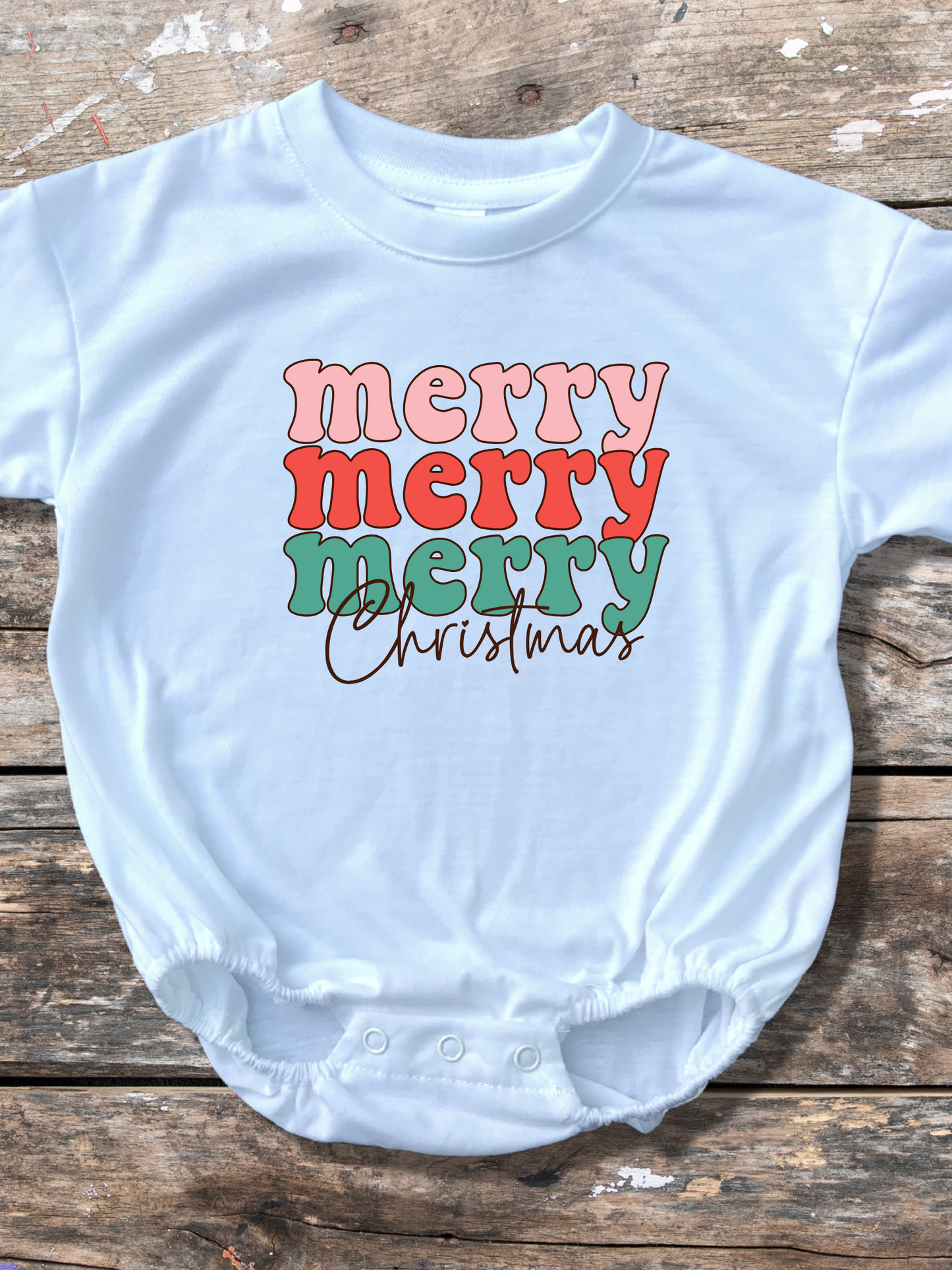 Merry Merry Merry Christmas Retro Baby Bubble Romper
