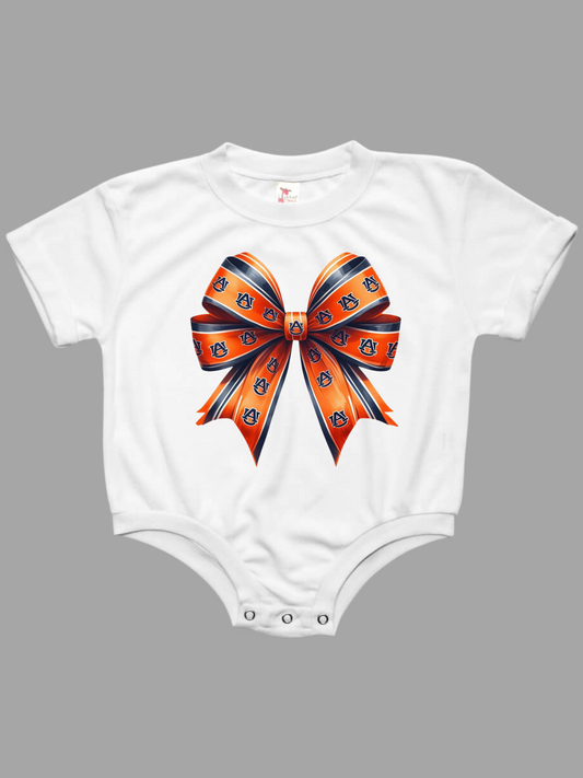 Auburn Orange and Blue Bow Baby Bubble Tee Shirt Romper