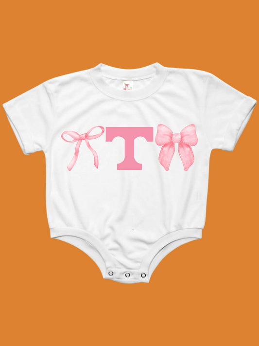 Tennessee Vols Pink Bows Baby Bubble Tee Shirt Romper (PINK)