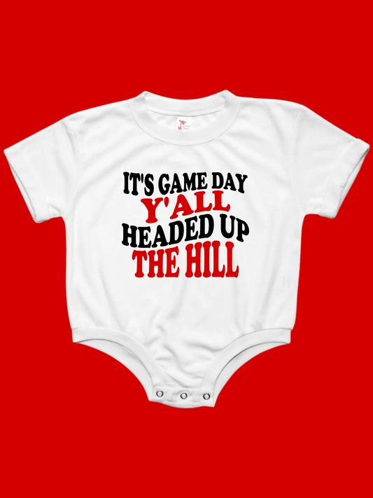 It's Game Day Y'all Headed Up The Hill Baby Bubble Romper