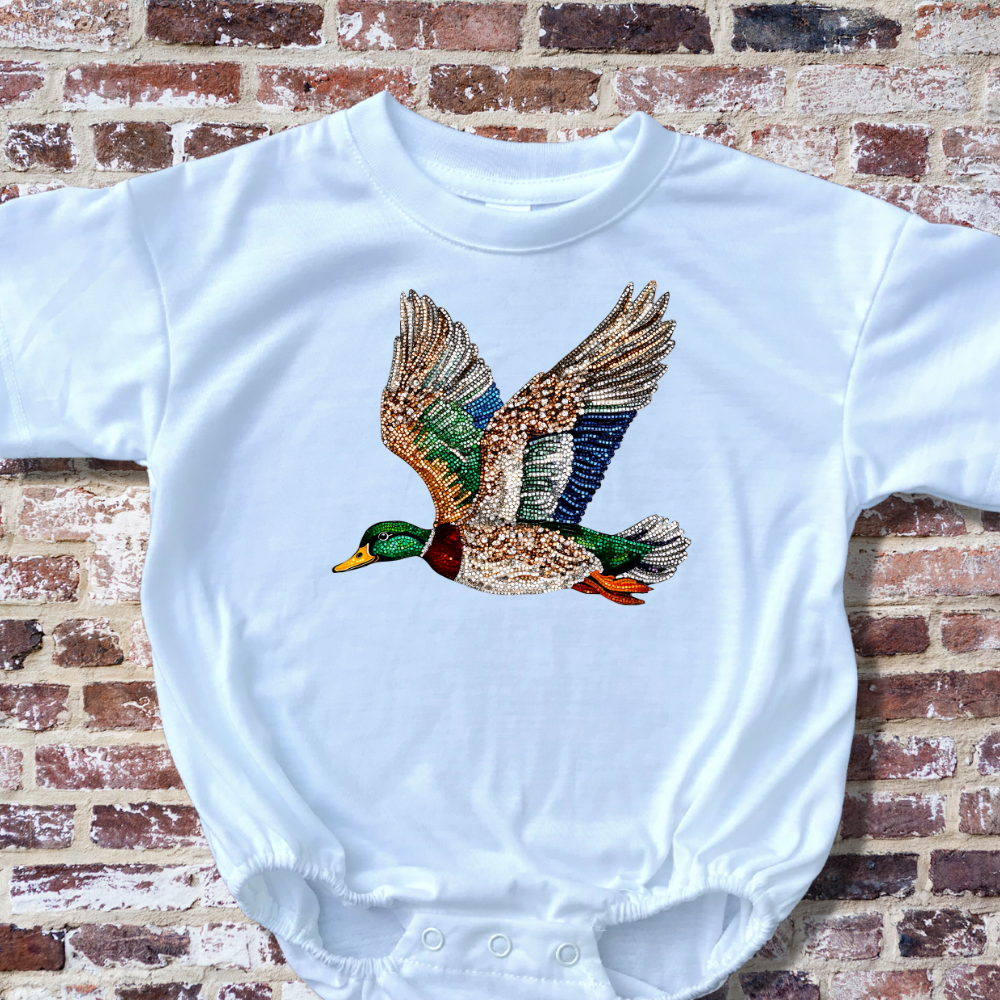 Faux Rhinestone Mallard Duck Flying Baby Bubble Romper