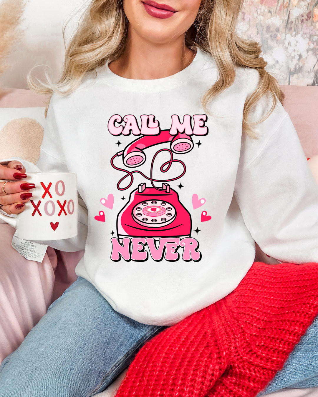 Call Me Never Valentines Adult Graphic Crewneck Pullover