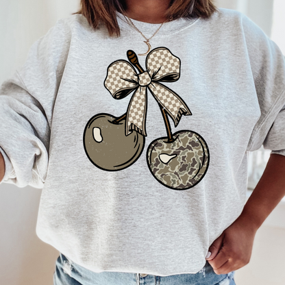 Camo Cherry Checkered Bow Adult Graphic Crewneck Pullover