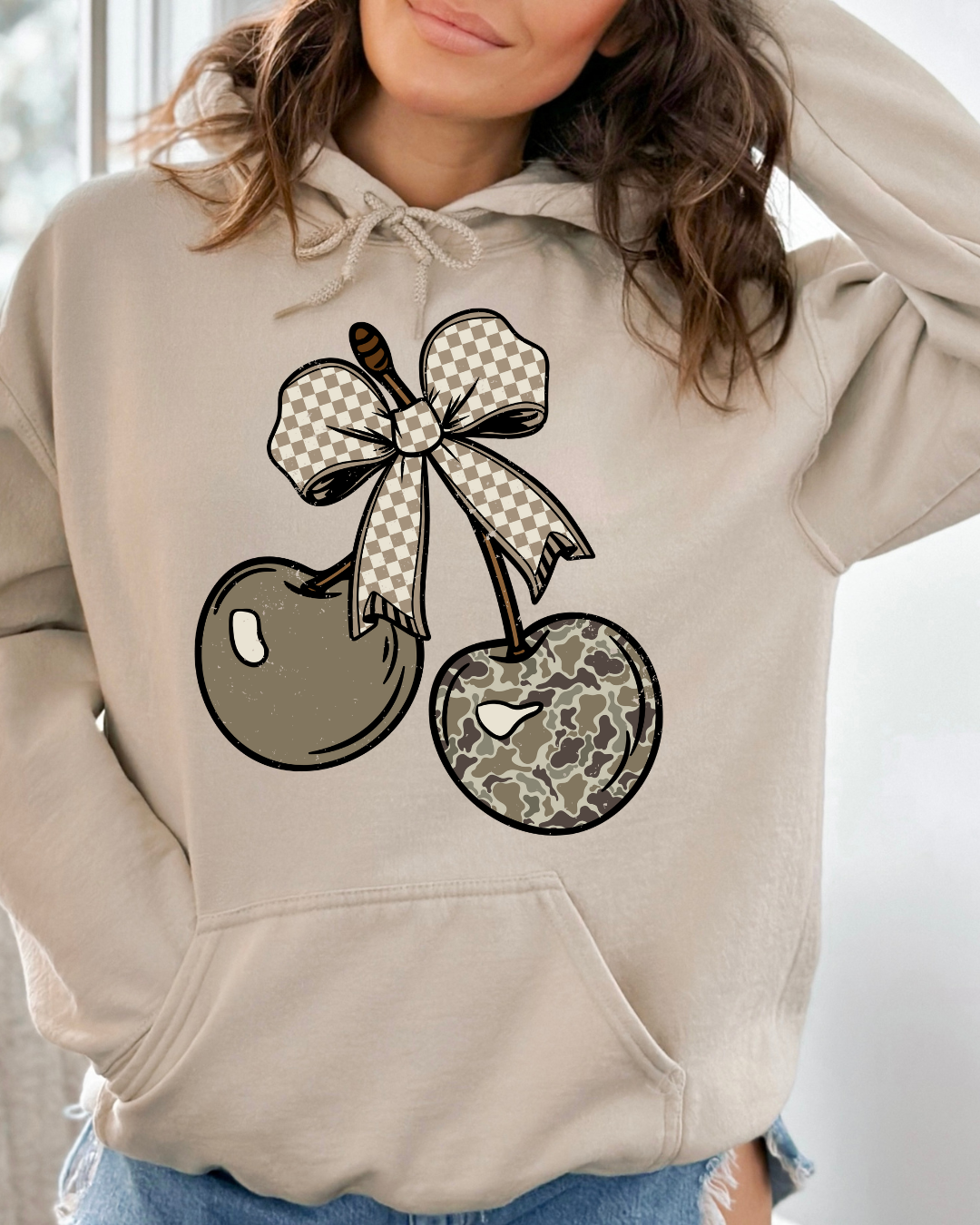 Camo Cherry Checkered Bow Adult Graphic Hoodie