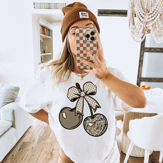 Camo Cherry Checkered Bow Adult Graphic T-Shirt