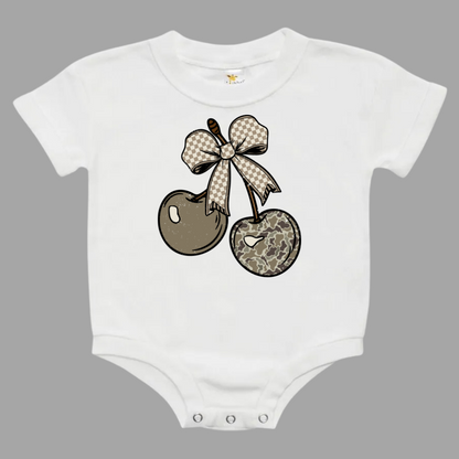 Camo Cherry Checkered Bow Baby Bubble Romper