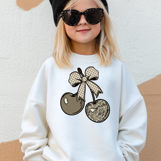 Camo Cherry Checkered Bow Youth Graphic Sweatshirt
