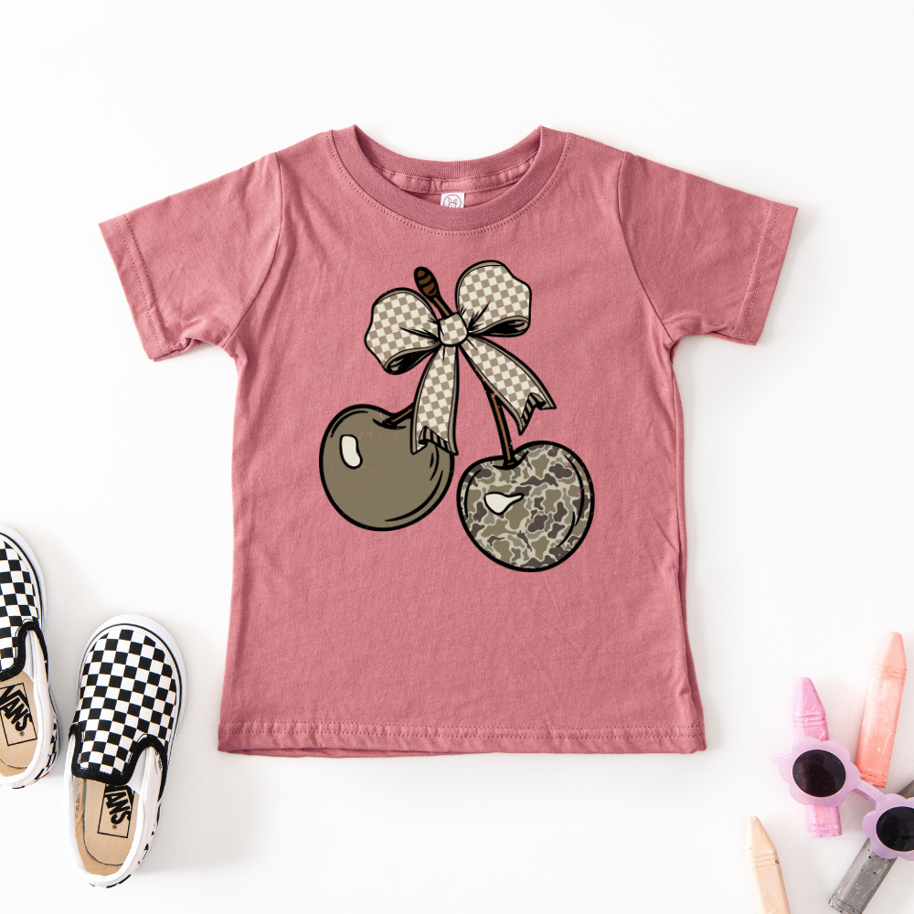 Camo Cherry Checkered Bow Youth Graphic Tee
