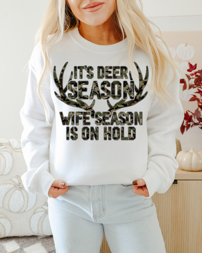 Camo Deer Season Wife Season Adult Graphic Crewneck Pullover