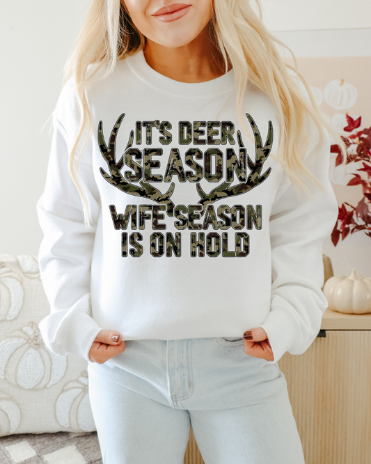 Camo Deer Season Wife Season Adult Graphic Crewneck Pullover