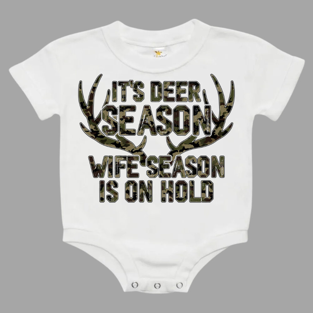 Camo Deer Season Wife Season Baby Bubble Romper