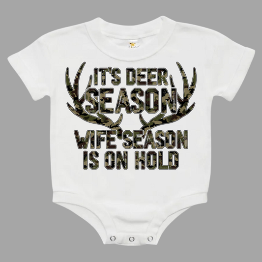 Camo Deer Season Wife Season Baby Bubble Romper