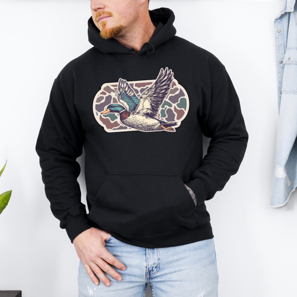 Camo Flying Mallard Duck Adult Graphic Hoodie