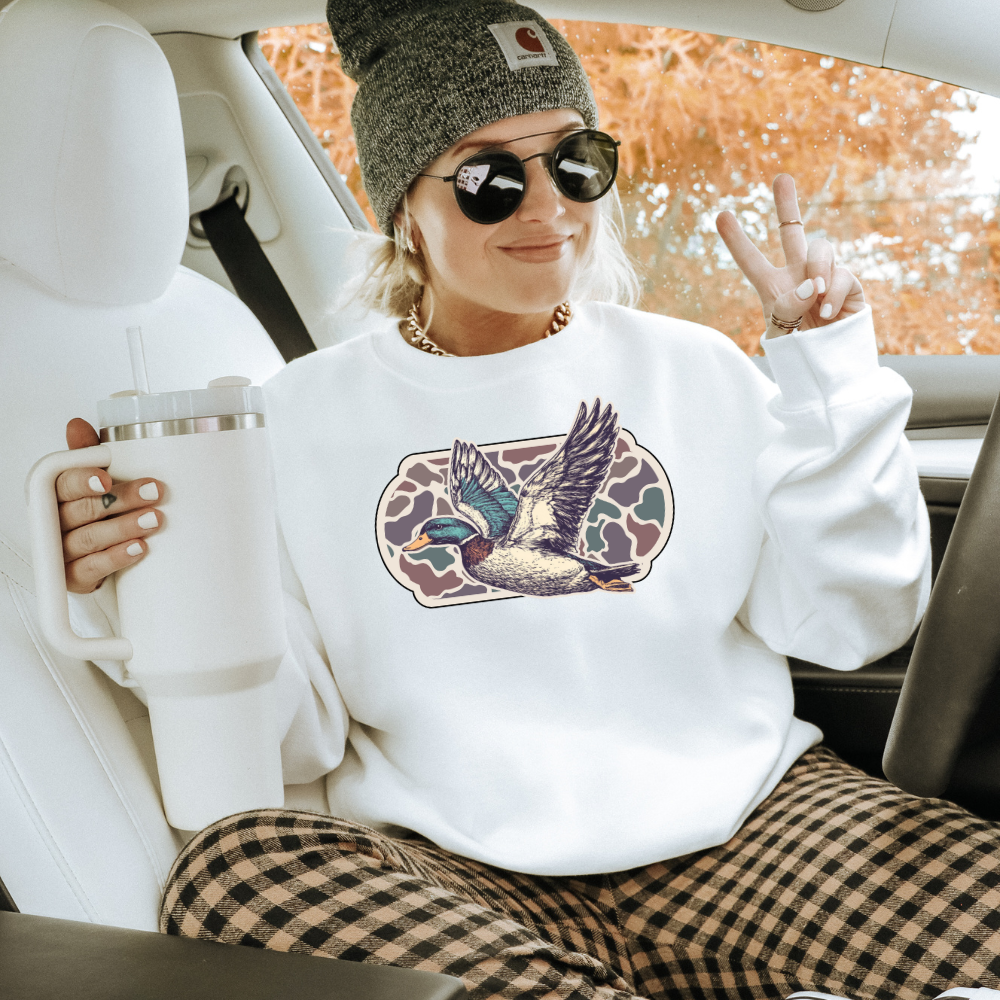 Camo Flying Mallard Duck Adult Graphic Crewneck Pullover