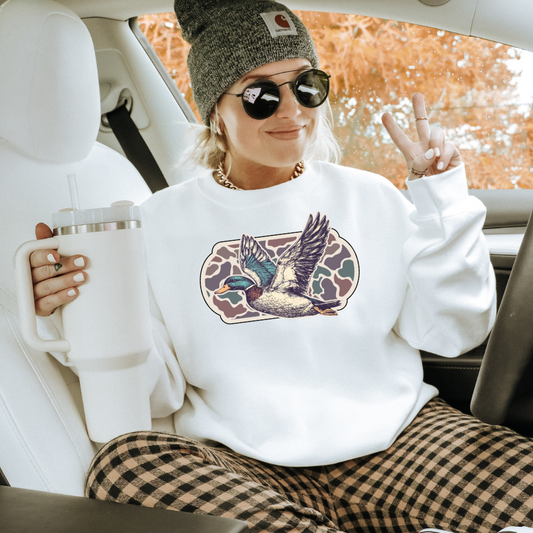 Camo Flying Mallard Duck Adult Graphic Crewneck Pullover