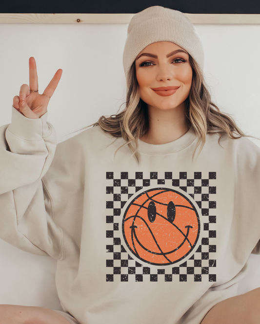 Checkered Distressed Basketball Adult Graphic Crewneck Pullover