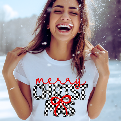 Checkered Merry Christmas Adult Graphic T-Shirt