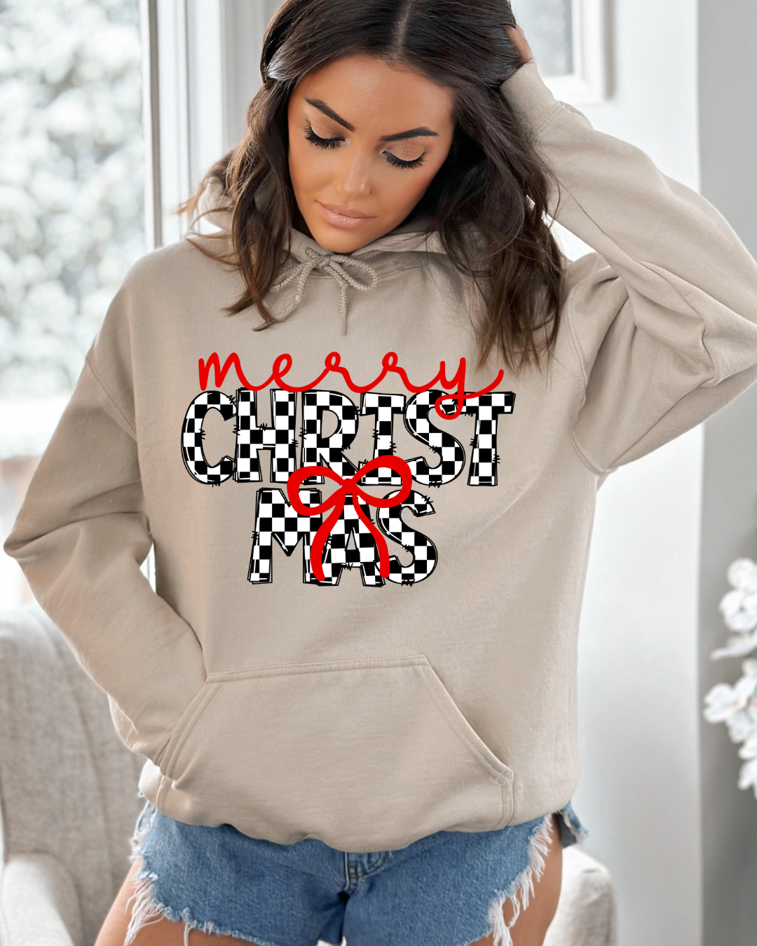 Checkered Merry Christmas Adult Graphic Hoodie