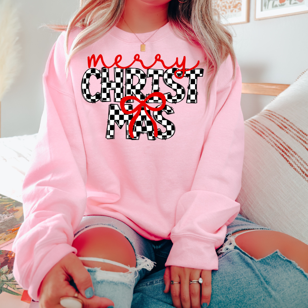 Checkered Merry Christmas Adult Graphic Crewneck Pullover