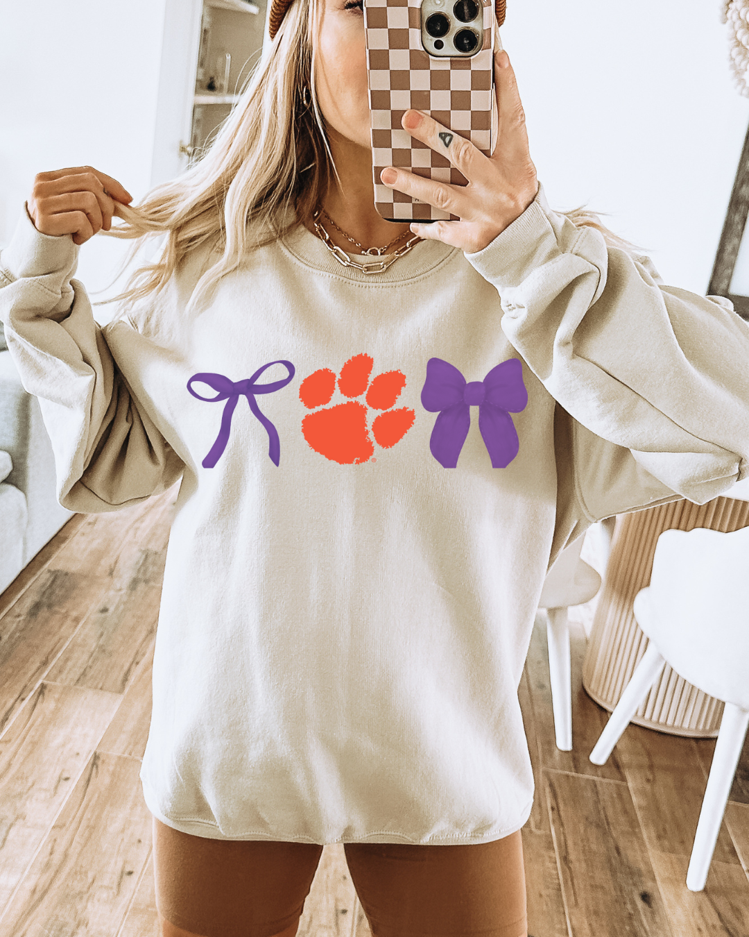 Clemson Tigers Bows PURPLE Adult Graphic Crewneck Pullover
