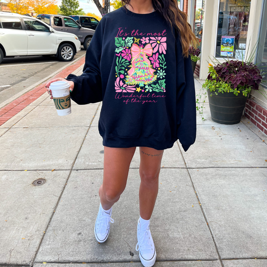 Colorful Glitter Coquette Christmas Tree Adult Graphic Crewneck Pullover