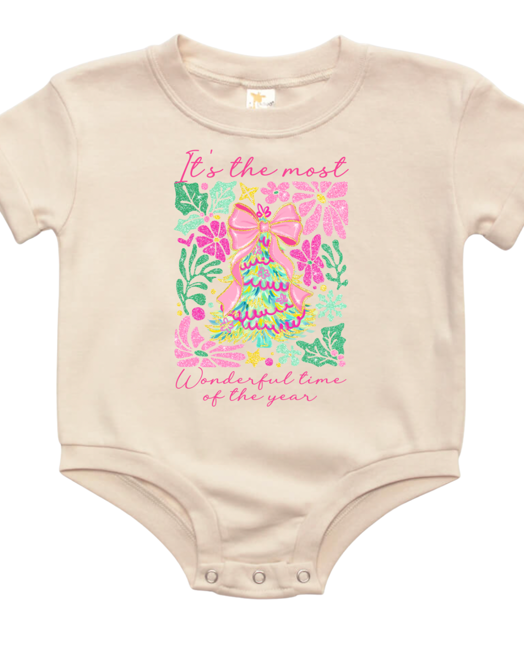 Colorful Glitter Coquette Christmas Tree Baby Bubble Romper