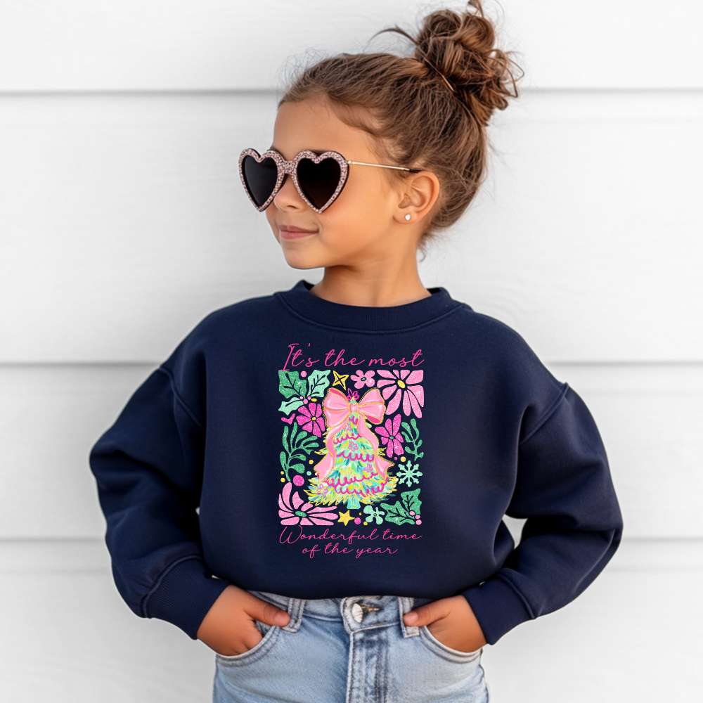 Colorful Glitter Coquette Christmas Tree Toddler Graphic Sweatshirt