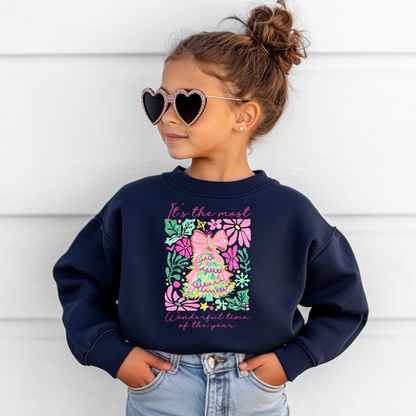 Colorful Glitter Coquette Christmas Tree Toddler Graphic Sweatshirt