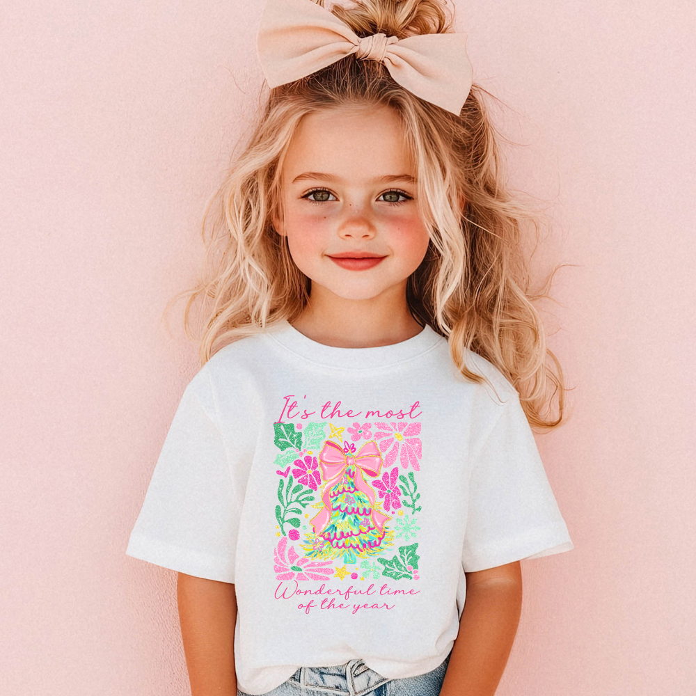 Colorful Glitter Coquette Christmas Tree Toddler Graphic Tee