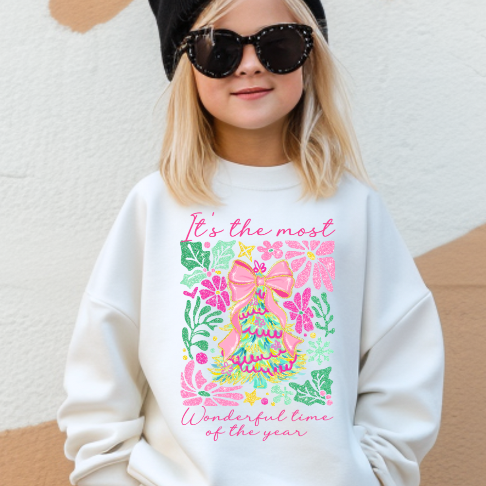Colorful Glitter Coquette Christmas Tree Youth Graphic Sweatshirt
