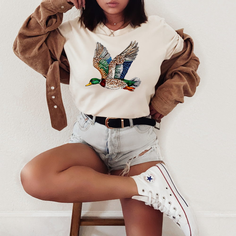 Faux Rhinestone Mallard Duck Flying Adult Graphic Tee