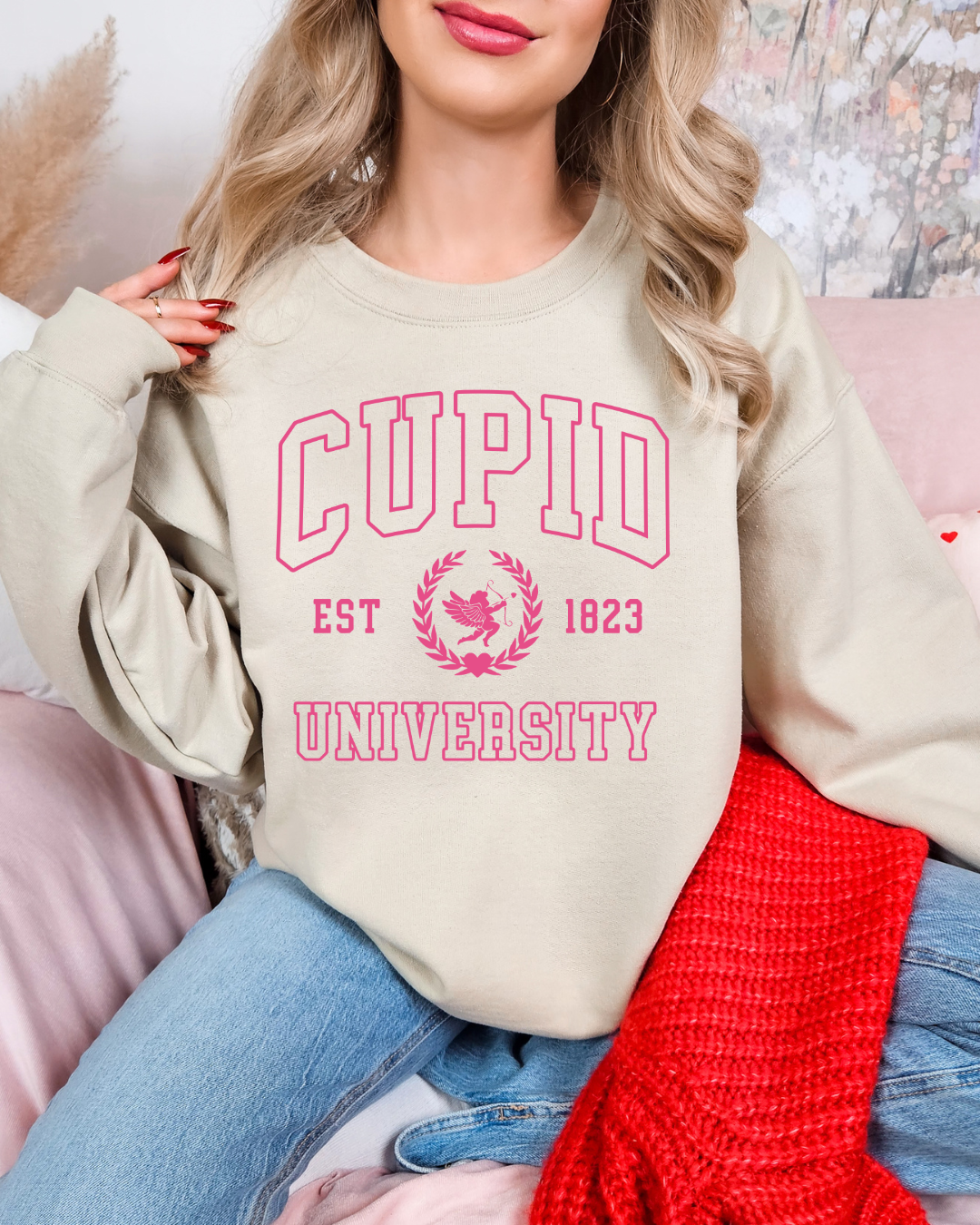 Cupid University Valentines Adult Graphic Crewneck Pullover