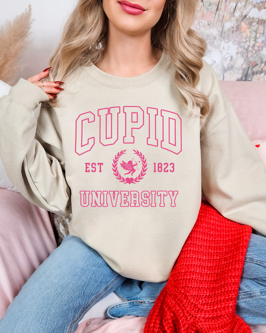 Cupid University Valentines Adult Graphic Crewneck Pullover