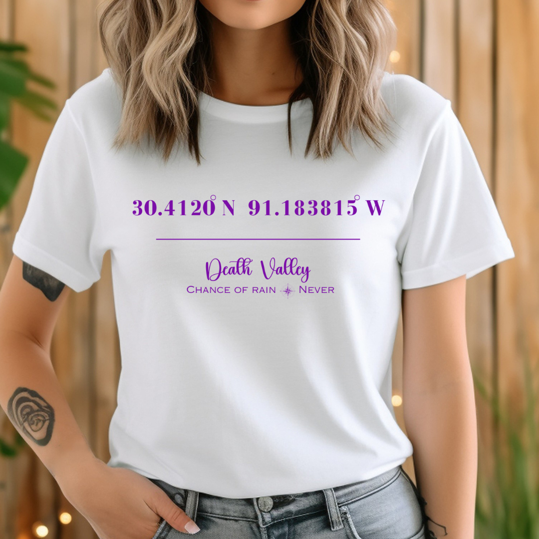 Death Valley LSU Tiger Stadium Coordinates Louisiana Football (Purple) Adult Graphic T-Shirt