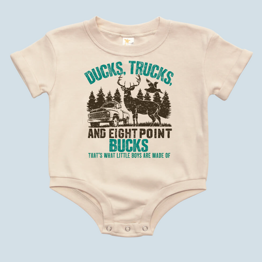 Ducks, Trucks, 8 Point Bucks Baby Bubble Romper