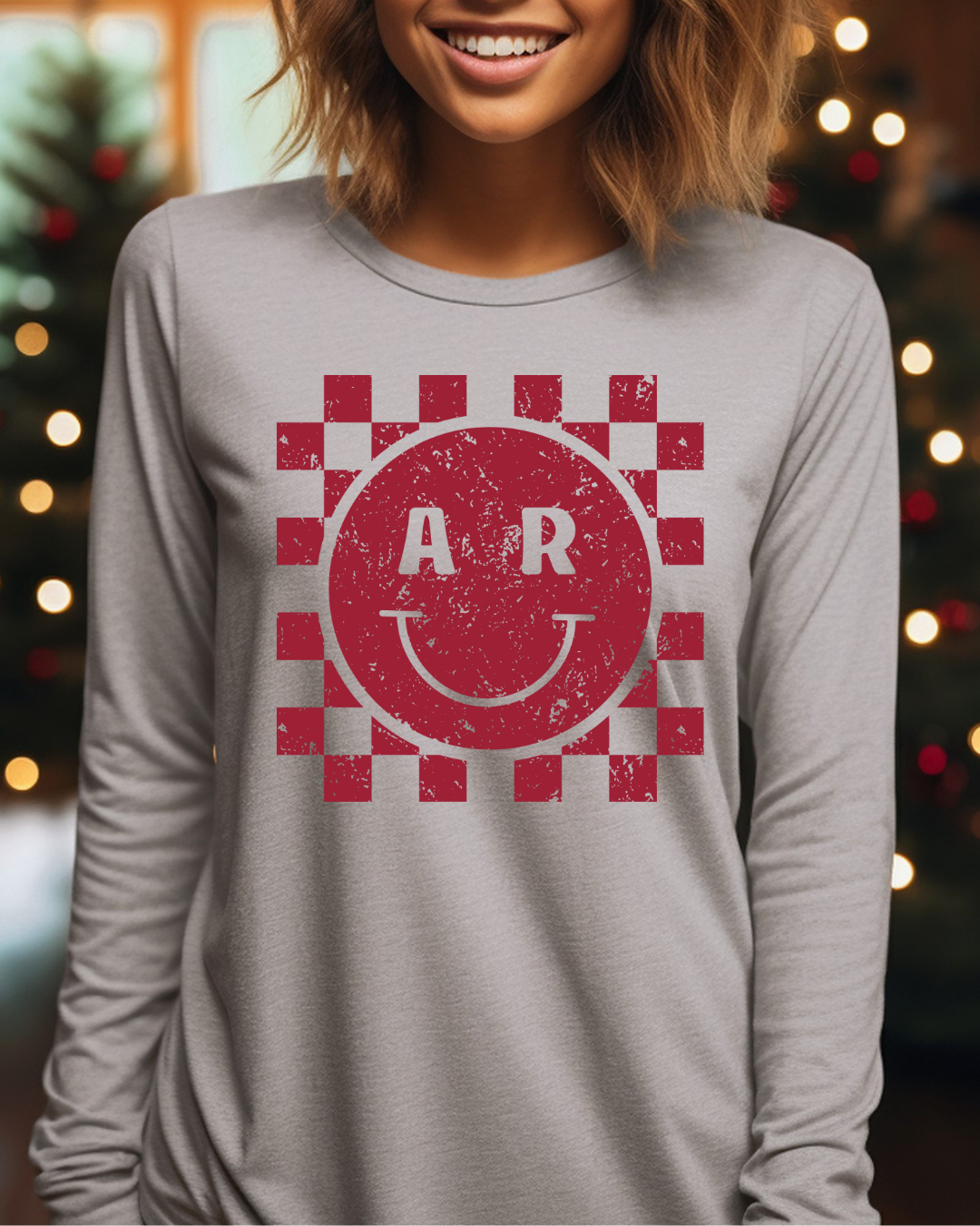 Arkansas Checkered Smiley Adult Long Sleeve Tee