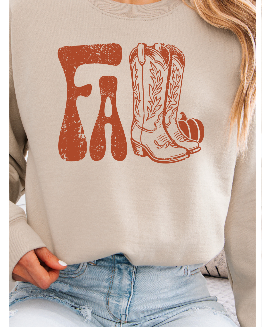 Fall Western Boots Adult Graphic Crewneck Pullover