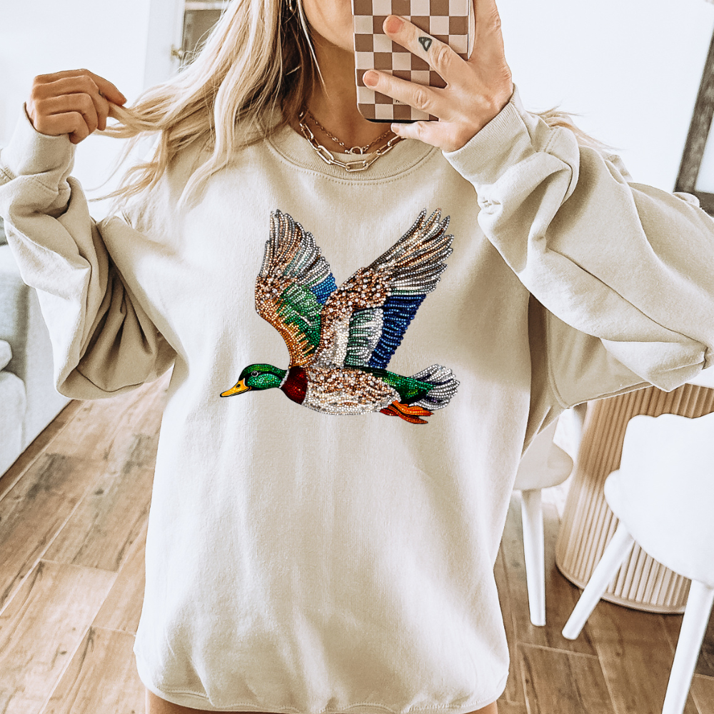 Faux Rhinestone Mallard Duck Flying Adult Graphic Crewneck Pullover