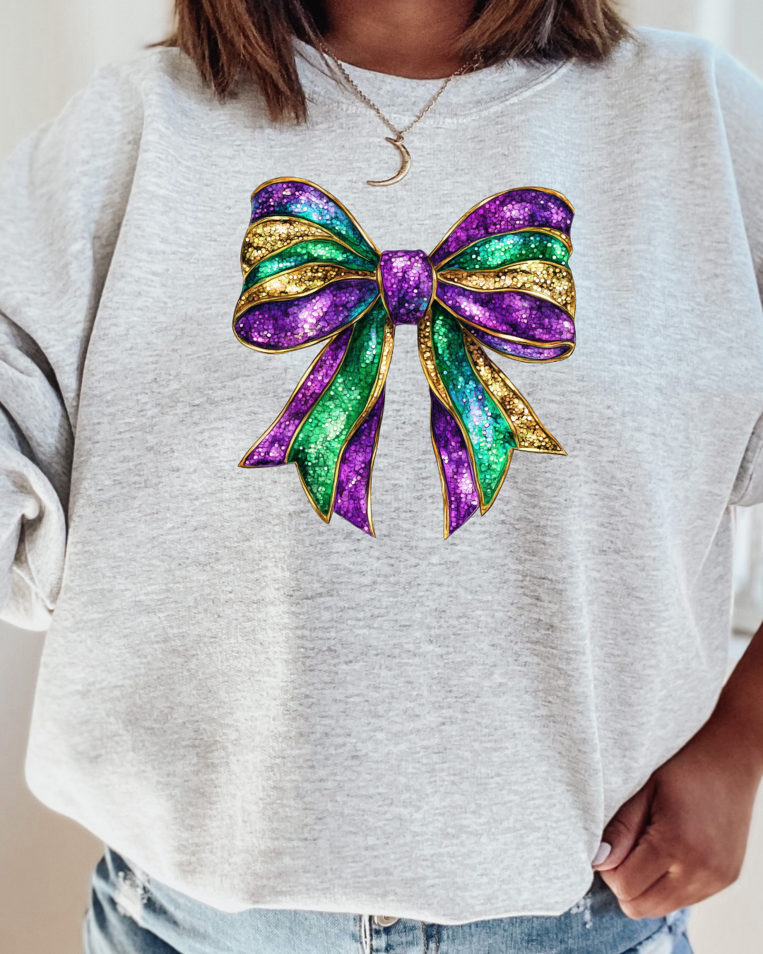 Faux Sparkly Mardi Gras Bow Adult Graphic Crewneck Pullover