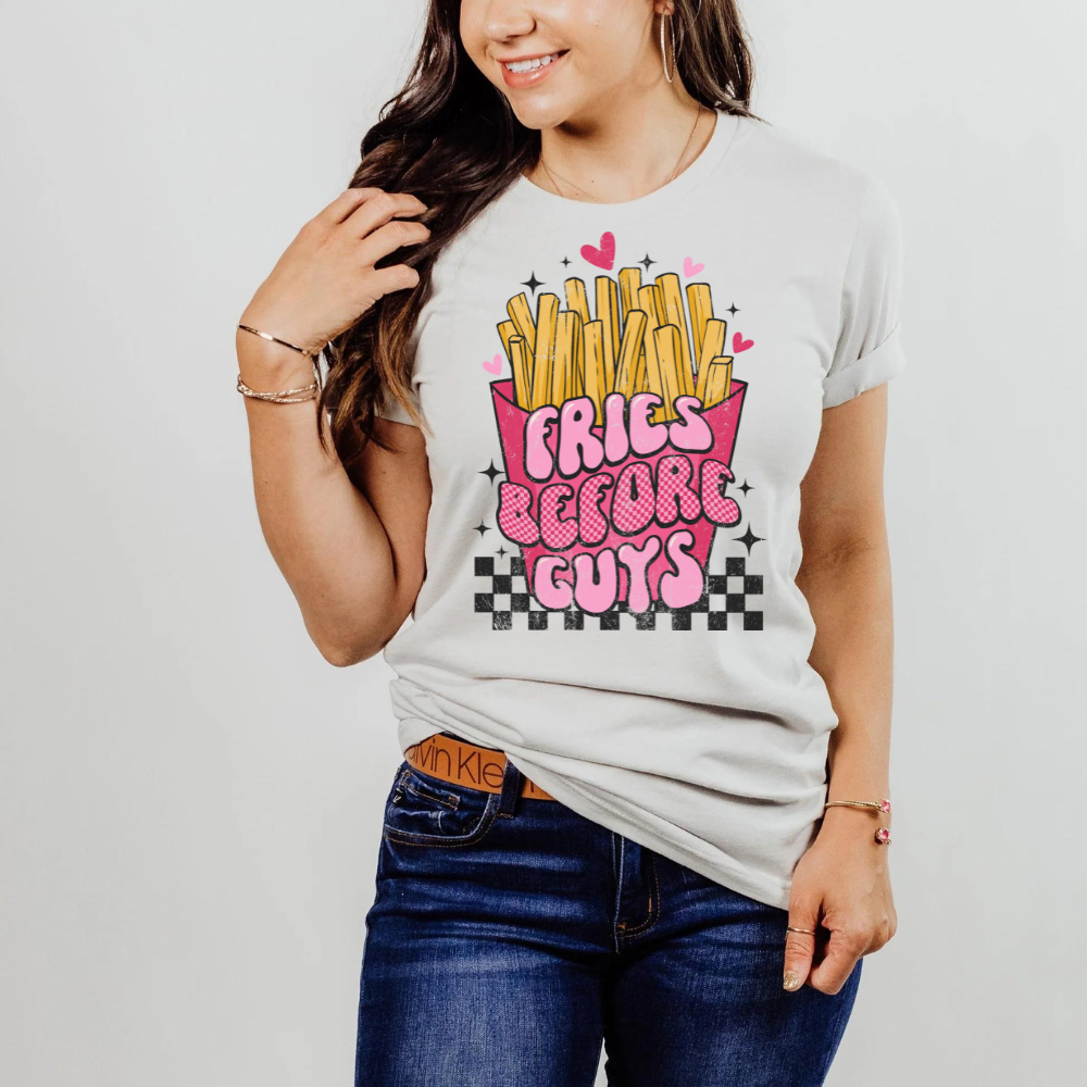 Fries Before Guys Checkered Adult Graphic T-Shirt
