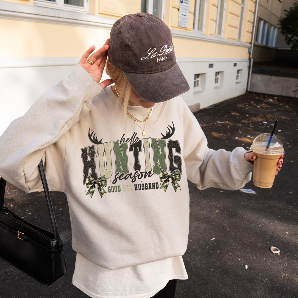 Hello Hunting Goodbye Husband Adult Graphic Crewneck Pullover